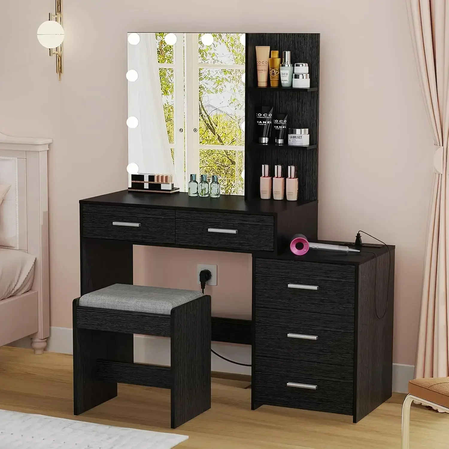 usikey Large Vanity Desk with Mirror & 10 LED Lights, Makeup Vanity Dressing Table with Power Strip, Storage Shelves & 5 Drawers