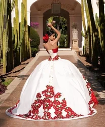 Gorgeous White Red Strapless Lace-up Quinceanera Dress Mexican Flower Embroidered Birthday Party Dress 15 Years