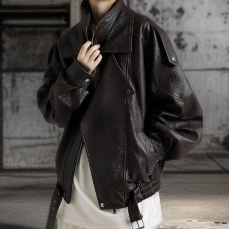 Men's and Women's Spring Autumn Models Super Good-looking Versatile Loose Leather Jacket Popular Unique Design Motorcycle Jacket