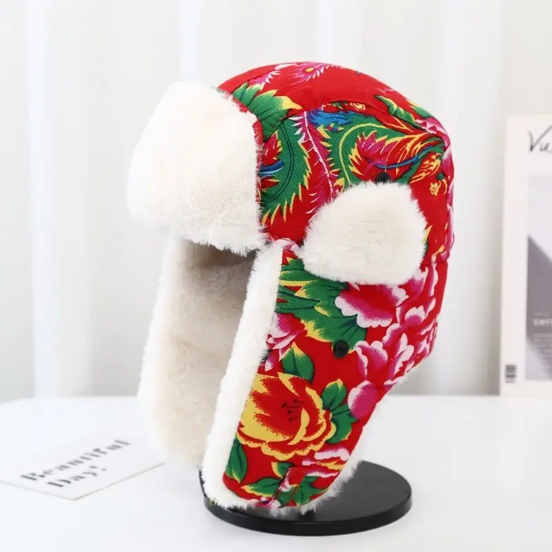 New winter warm ear protection Northeast large floral cotton hat men and women retro national wind children's hat