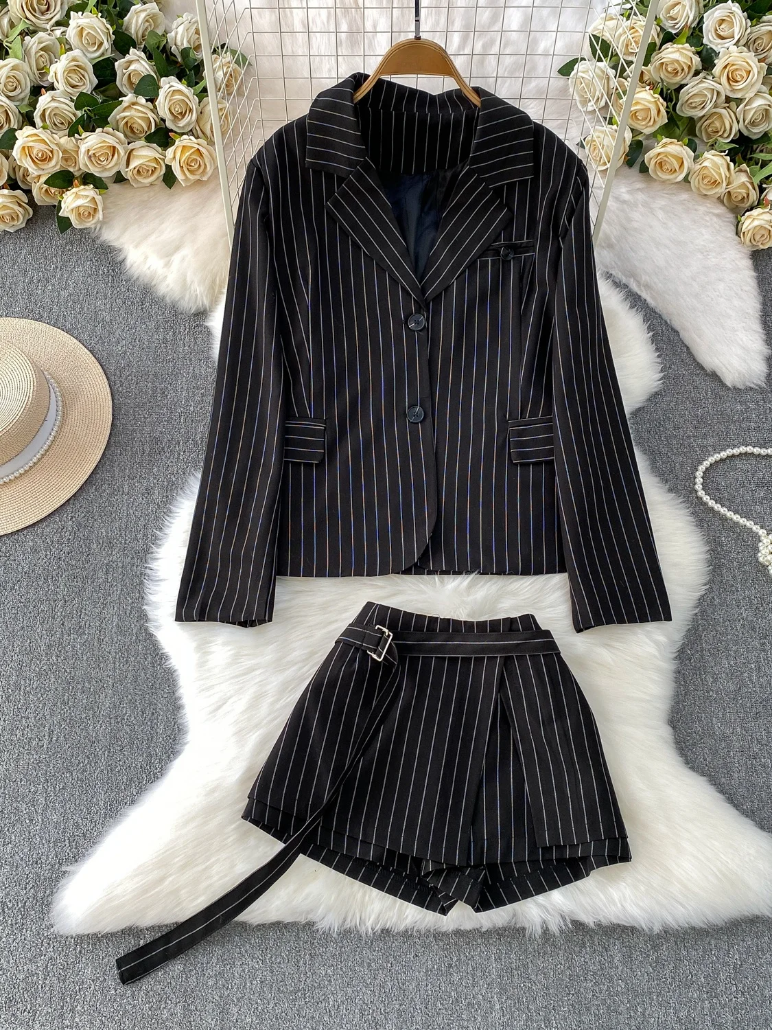 Briti Sle Faionable Listrado Terno Jaet e Saia Or de Cintura Alta Conjunto de Duas Peças para Meninas da Moda Casual Roupas de Inverno