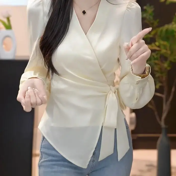 

Ele Asymmetrical V-Ne Belted Long Sve irt Women's Faion Slimming Top Trendy Spring Autumn New Sle