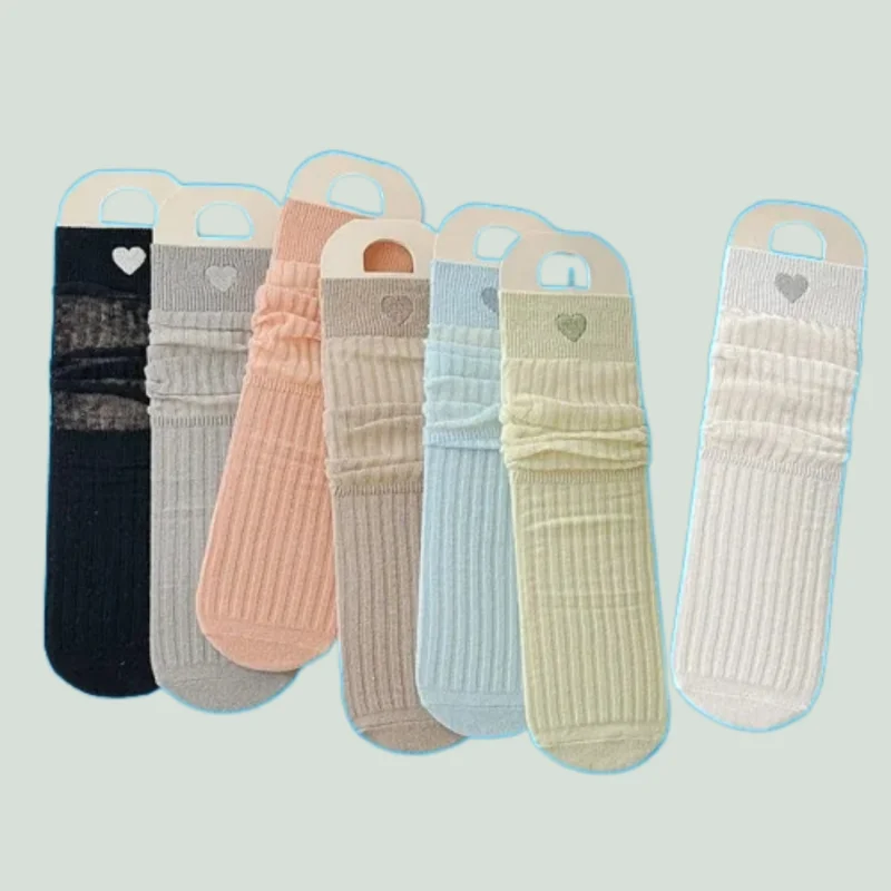 2/5 Pairs Japanese Sweet College Socks Love Spring and Summer Double Needle Thin Middle Tube 2024 Mesh Stacked Breathable Socks