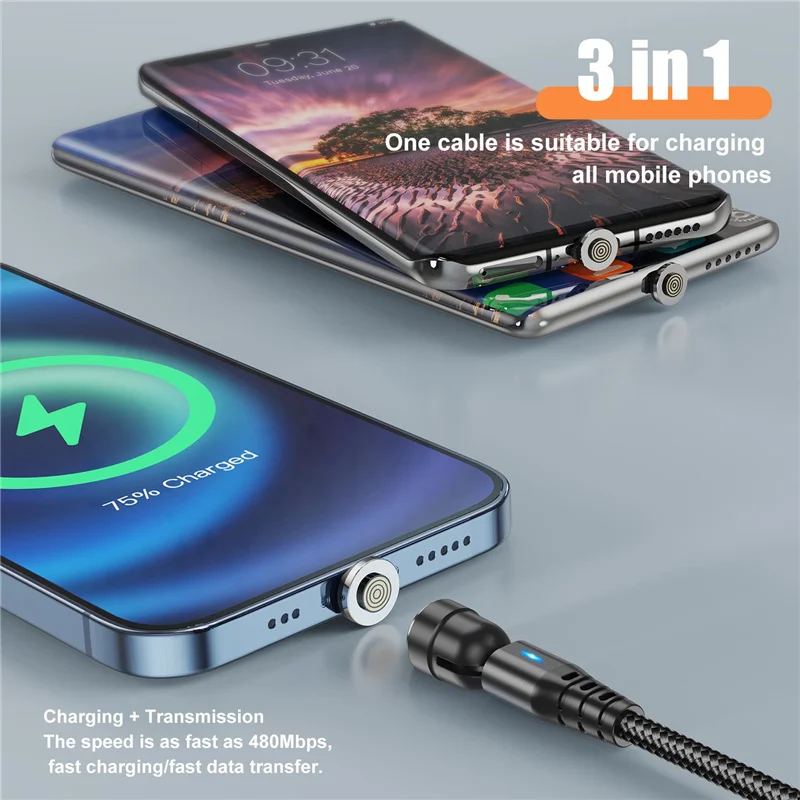 Uslion pd 60w 3a carregamento rápido 540 ° girar o cabo magnético qc3.0 4.0 micro usb tipo c cabo para iphone 13 samsung s22 xiaomi 11