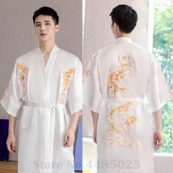 Albornoz Kimono de estilo chino para hombre, ropa de dormir de satén con estampado de dragón, holgada, informal, para el hogar, lencería masculina