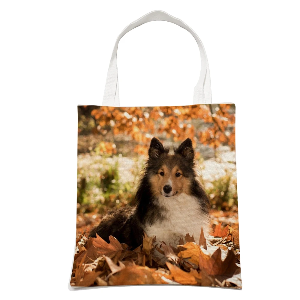 Casual Shetland Sheepdog Dog Shopping Shoulder Bag for Women Pet Animal Foldable Reusable Linen Fashion Student Tote Handbag