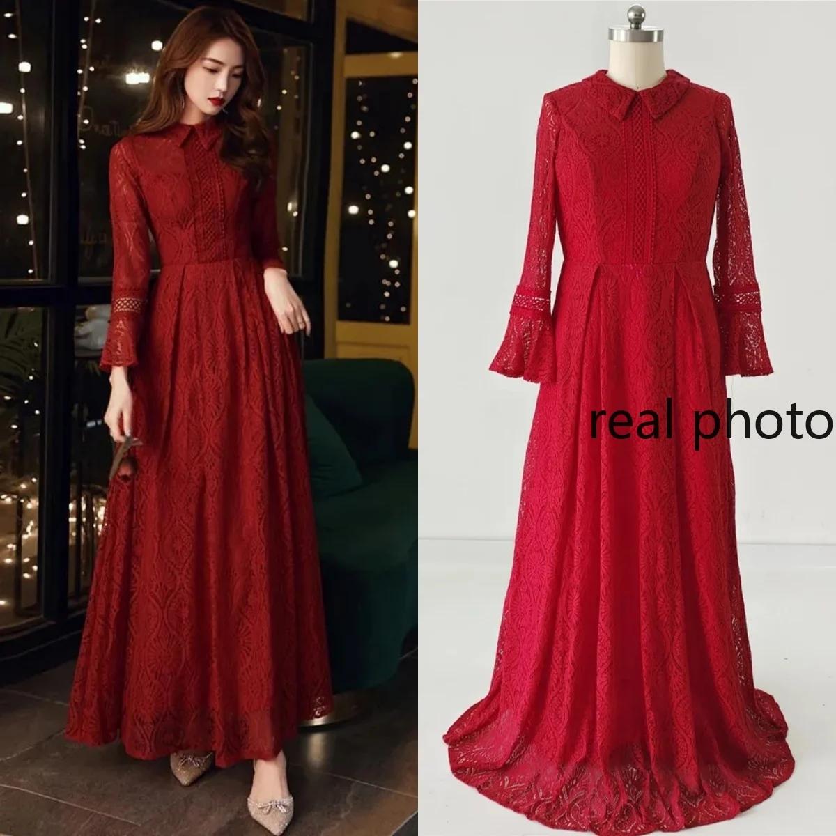 

Real Photo Modest Evening Dress Burgundy Lace High Neck Full Sleeves Floor-Length A-Line Plus size Woman Formal Party Gown A2396