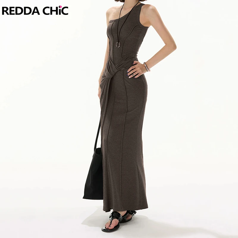 

REDDACHiC Retro Patchwork Knotted Women Bodycon Summer Modal Stretchy Slim Fit Slant Shoulder Maxi One-piece Hotties Clothes