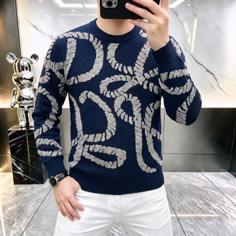 Autumn Winter Fashion Jacquard Knitted Sweater for Men Warm Round-neck Long-sleeved Casual Sweaters Business Social Pullover