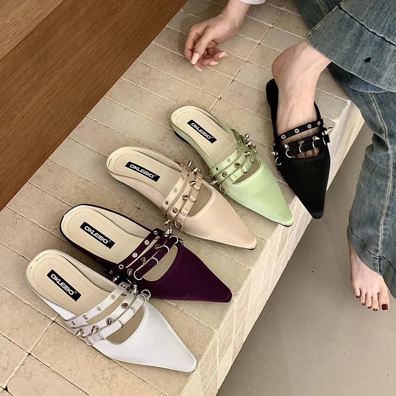 

SUOJIALUN 2026 Summer New Brand Women Slipper Fashion Rivet Pointed Toe Slip On Mules Shoes Soft Flat Heel Elegant Outdoor Dress