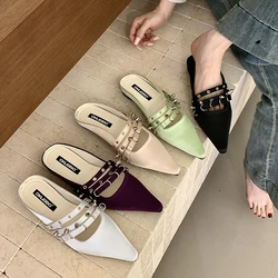 SUOJIALUN 2026 Summer New Brand Women Slipper Fashion Rivet Pointed Toe Slip On Mules Shoes Soft Flat Heel Elegant Outdoor Dress