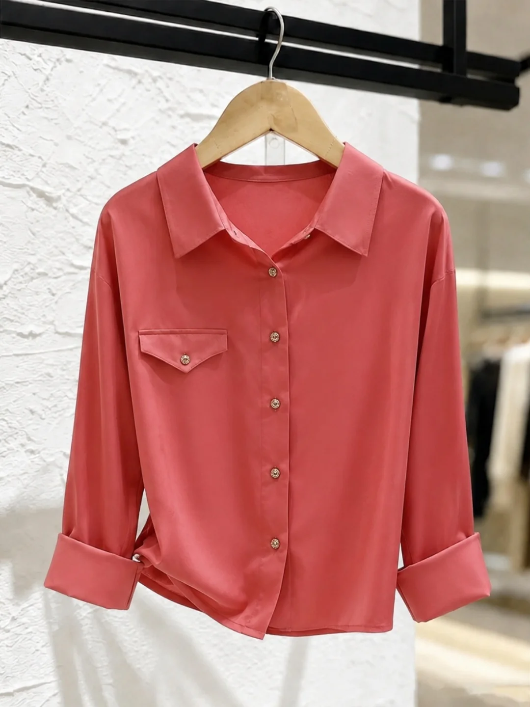 Korean Style Long Sleeve Shirt Single Button Commute Fashionable Anti-Aging Design Sense Autumn Small Audience Women's Silk Top