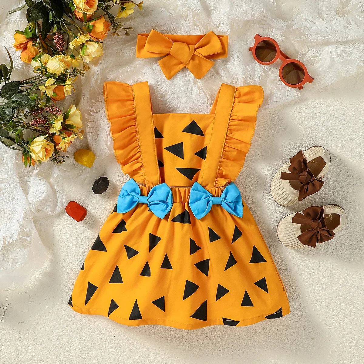 

Baby Sleeveless Printing Trangle Geometric With Bow Square Collare England Style Vintage Gilrs Dress