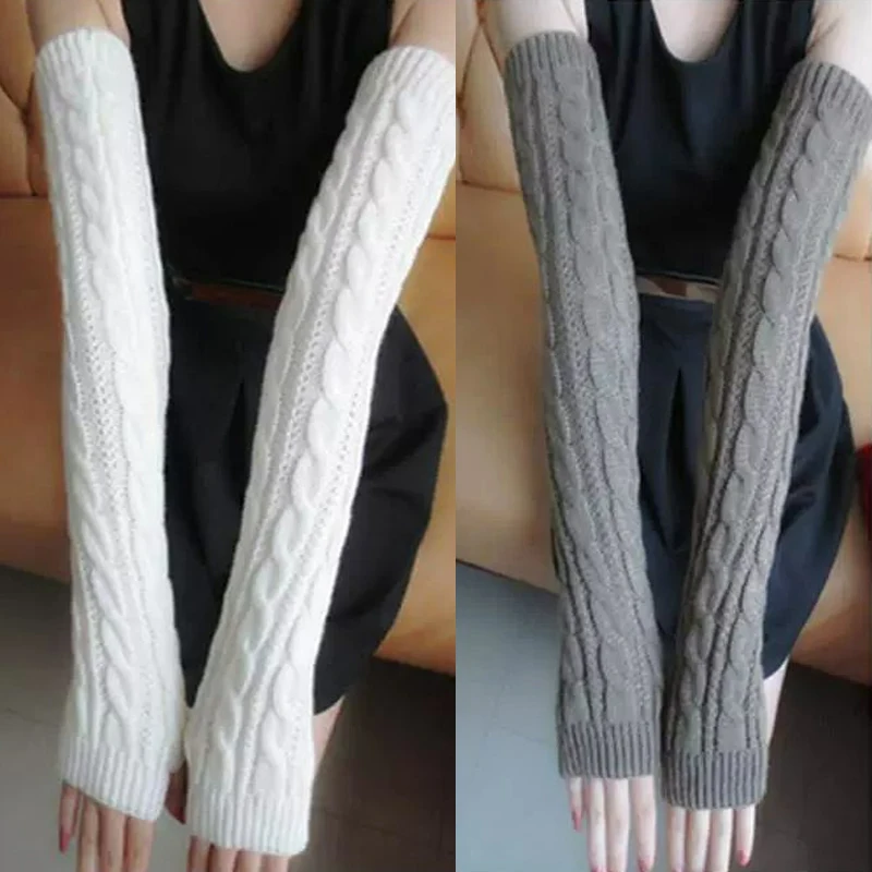 Knitted White Long Fingerless Gloves Fashion Arm Wrist Sleeve Hand Warmer Girls Casual Half Black Over Elbow Punk Gothic Mittens