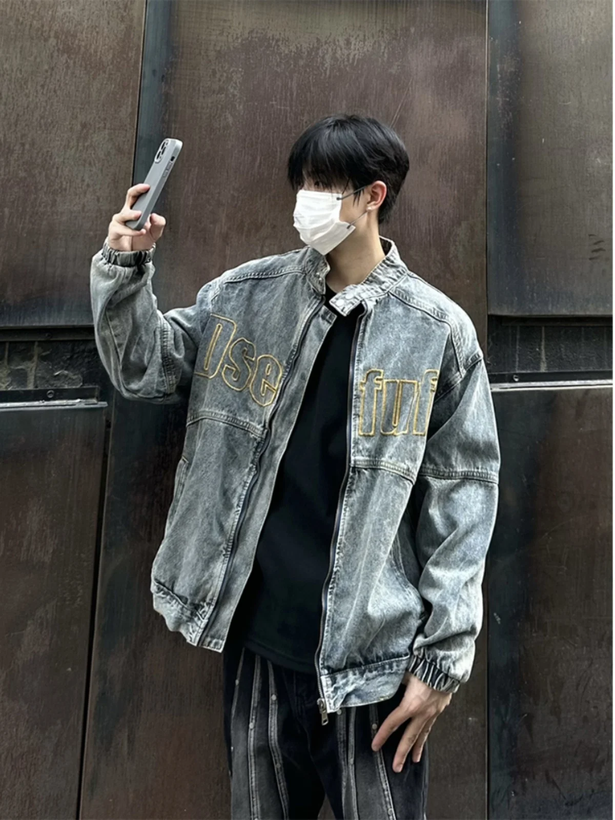

Retro American ort Denim Jaet Men's Spring Autumn High Sensation Waed Embroidery Stand Collar Jaet Motorcycle Wear