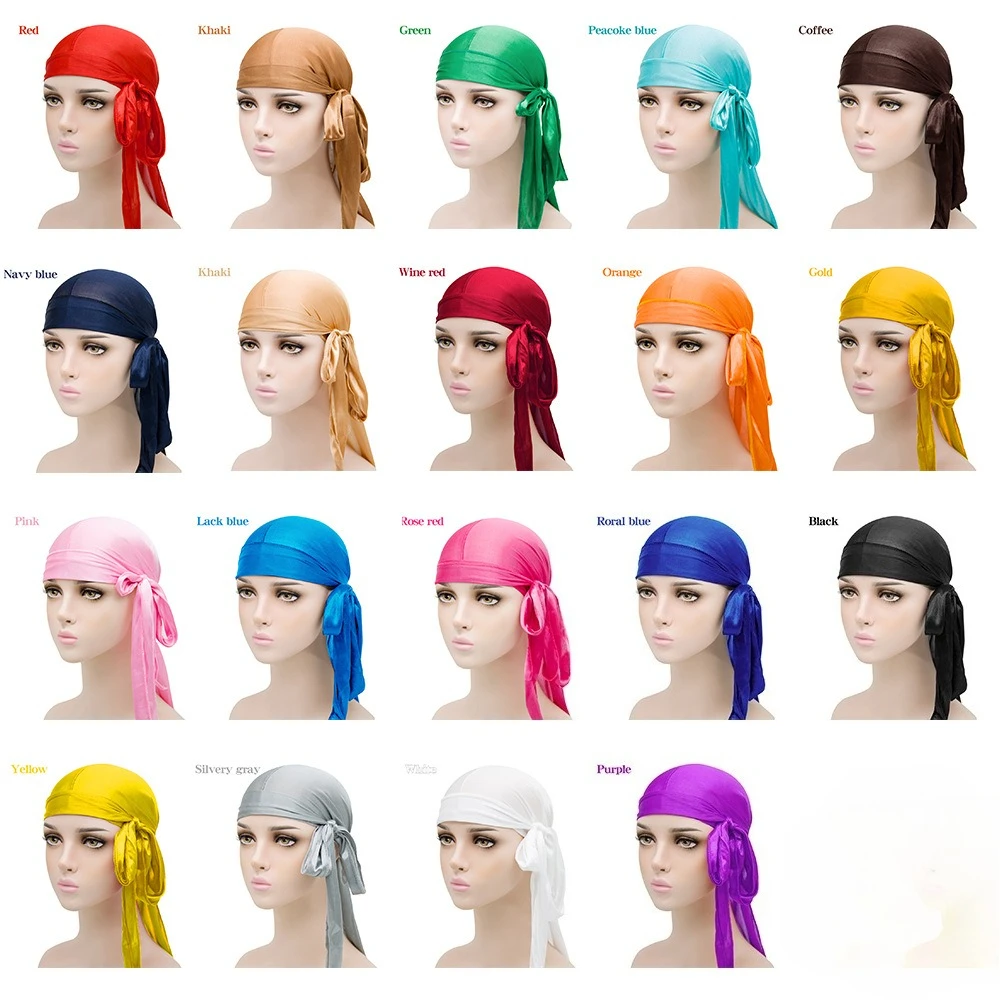 Solid Color Silk Satin Durag Headwear Soft Long Tails Headbands Turban Waves Cap Headwrap Hats Beanie For Men Hair Accessories