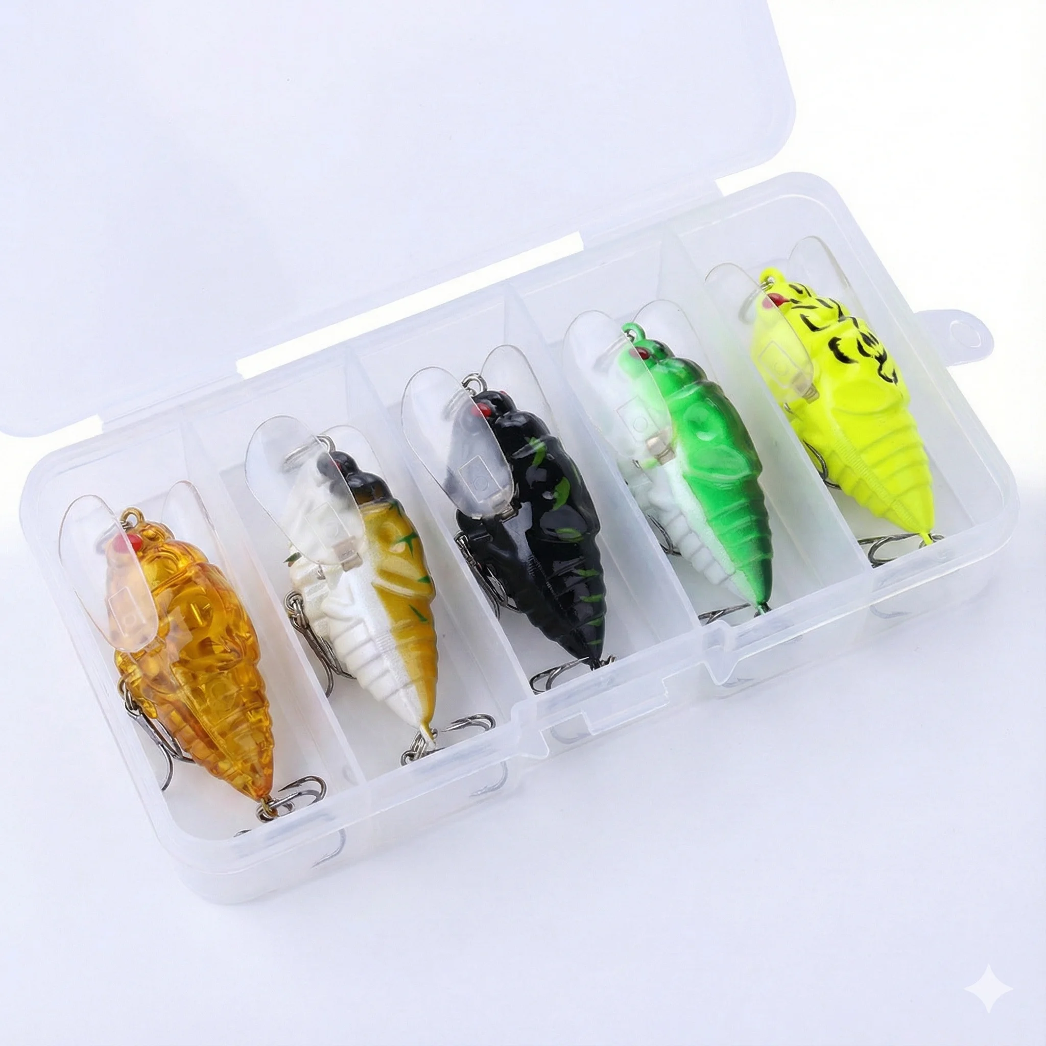 NEUES 5-teiliges Box-Set: Crankbait-Angelköder mit 3D-Holografischen Augen, Biomimetischer Zikaden-Hardbait, Angelzubehör, Künstliche Köder