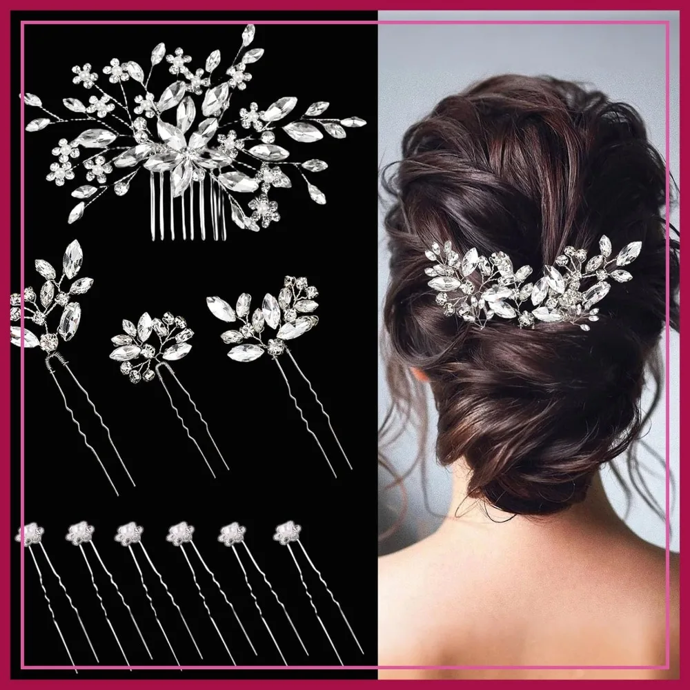 10 Pcs Crystal Bridal Hair Pins Rhinestone Hair Clips for Women Wedding Silver