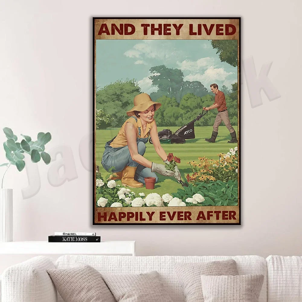 Gardening poster, family wall art, love gardening and they lived happily ever after Vintage Poster Canvas Print