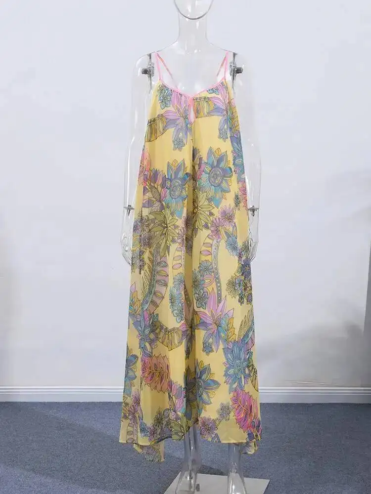 Drucken Floral frauen Kleid Halter V-ausschnitt Ärmel Aushöhlen Gerade Weibliche Kleider Sommer Elegante Urlaub Dame Robe