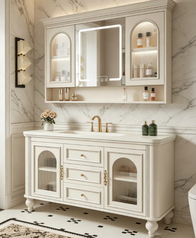 xx-Modern Solid Wood Bathroom Cabinet Set with Ceramic Basin Copper Drainer Mirror Sink Faucet for Hall & Bedroom Dining&