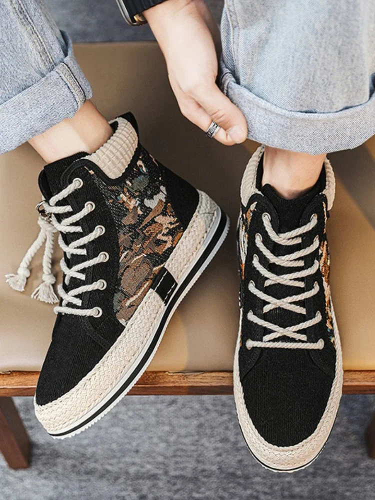 

Художественные мужские высокие парусиновые туфли на шнуровке в стиле ретро, весенне-осенние новые толстые подошвы, увеличивающие рост, лесная картина маслом, вдохновленная