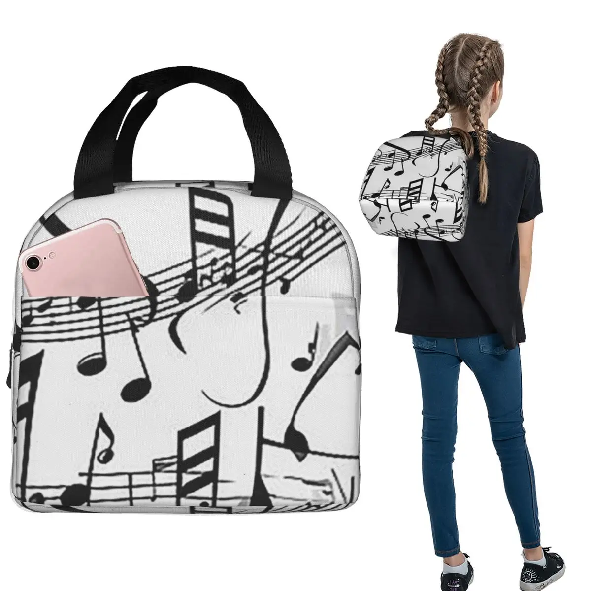 Abstract Piano Keys With Musical Notes Insulated Lunch Bag for Women Kids Leakproof Food Boxes Thermal Lunch Box Tote