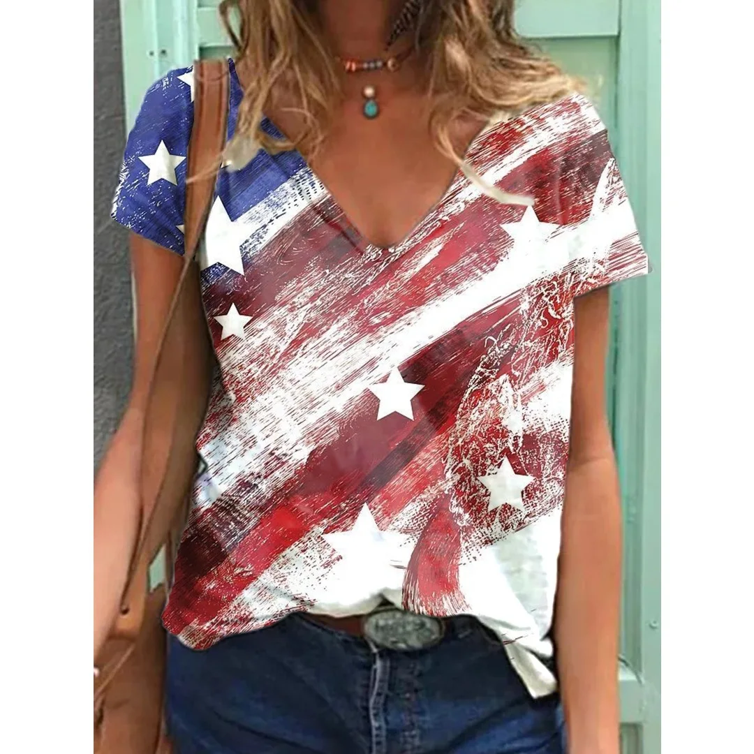 USA National Flag Printed T-Shirt Fashion Women T Shirts Short Sleeve V-Neck Streetwear Tees Harajuku Casual Y2k Cool Girls Tops