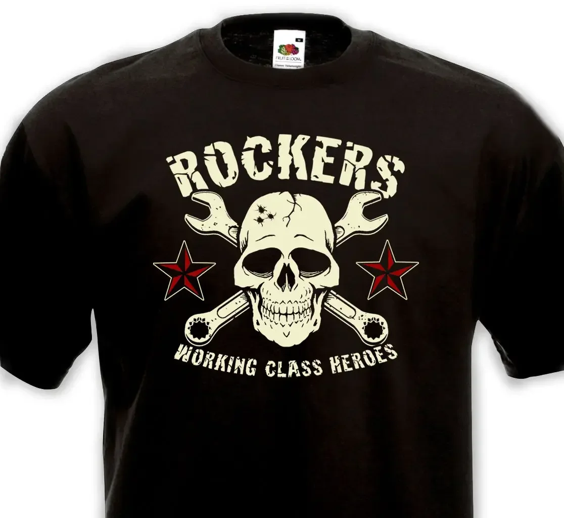Funny Clothing Casual Short Sleeve T-Shirt Rockers Working Class Heroes - Rock'N'Roll Rockabilly Punk Rocker Skull T-Shirt