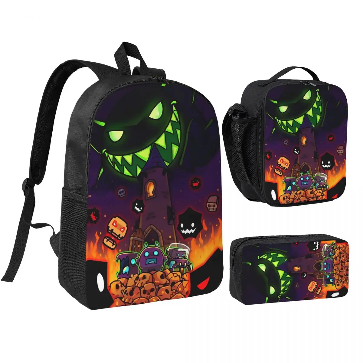 Posters De 3pecs/set Backpack for Boys Girls Geometry Cube Gaming Dash High School Shoulder Bag Lunch bag Pencil Case