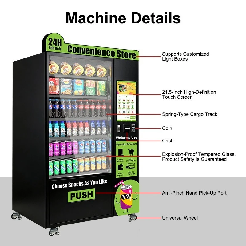 24 Hours Coin Operated Smart Foods and Drinks Vending Equipment Automatic Touch Screen Snacks and Drinks Vending Machine