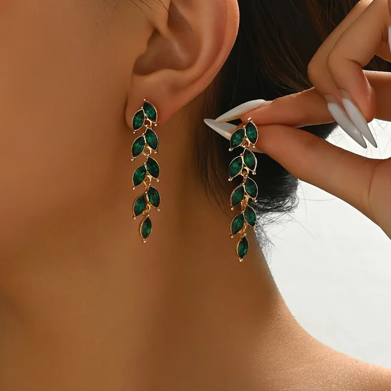 Pendientes de Lujo Bohemios con Hojas de Circonio Verde, Pendientes Largos con Borlas Doradas para Mujer, Uso Diario, Fiesta, Boda, Joyería