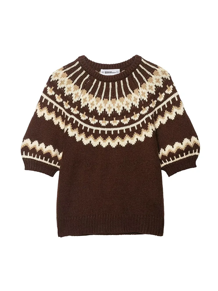 

HH Woman Fashion Winter Round Neck Jacquard Short Sleeves Knitted Sweater Female Casual Slim Fit Street Style Sweater Pullover