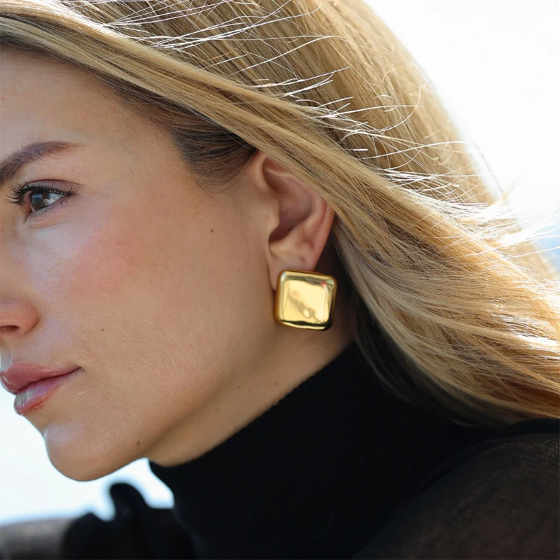 Creative Gold Plated Stainless Steel Round Geometric Earrings for Women Statement Geometric Studs Fashion Jewelry Waterproof
