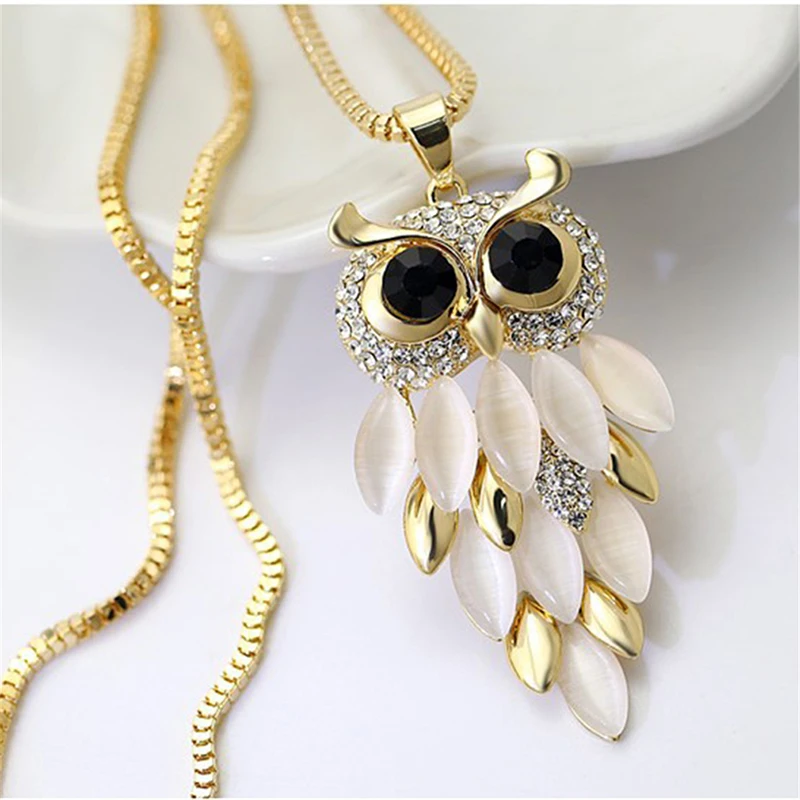 2023 Fashion Alloy Crystal Owl Pendant Necklace For Women Choker Girls Pendants Long Chain Sweater Necklaces Bijoux Jewelry