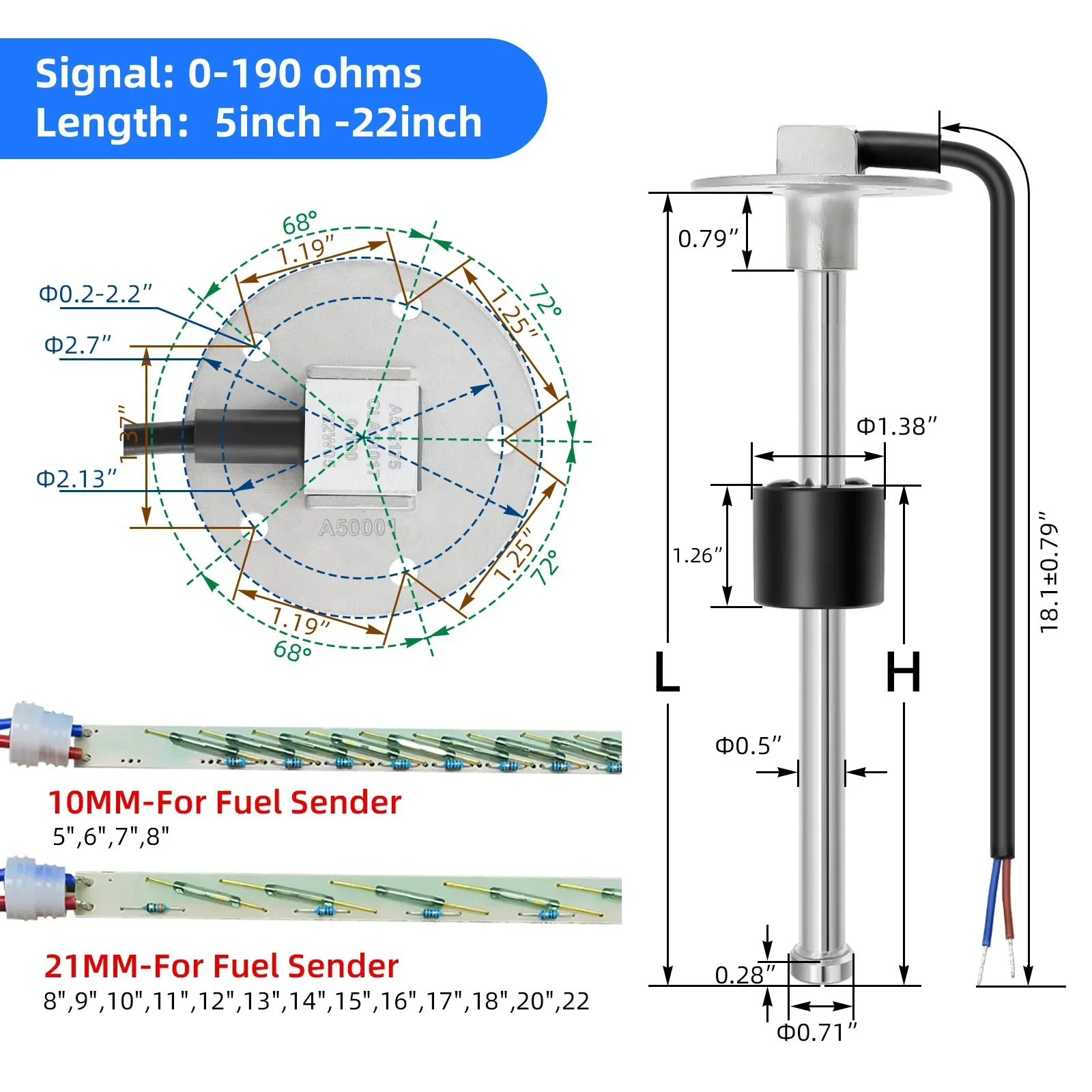 MH Car Fuel Level Sensor 0-190 ohm Stainless Steel A5 Oil Tank Level Meter Sensor 100/200/500mm for Boat Auto Car Marine 12V24V