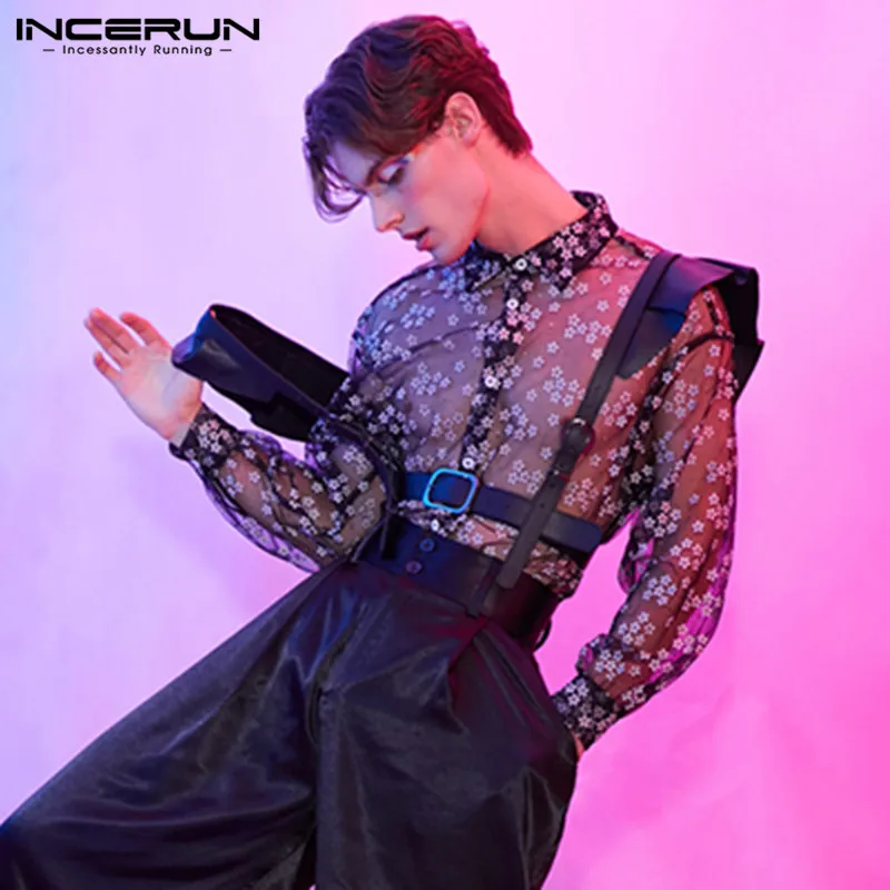 INCERUN Tops 2024 Mens Long Sleeve Mesh Shirts Casual Printing Shirt Man See Through Loose Blouse Fashion Party Lapel Blouse 5XL