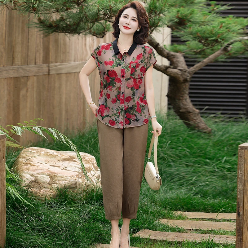 

Summer 2025 Plus Size Cotton Linen Comfortable Women's Two-piece T-shirt+pants Buttoned T-shirt Set Outdoor Retro