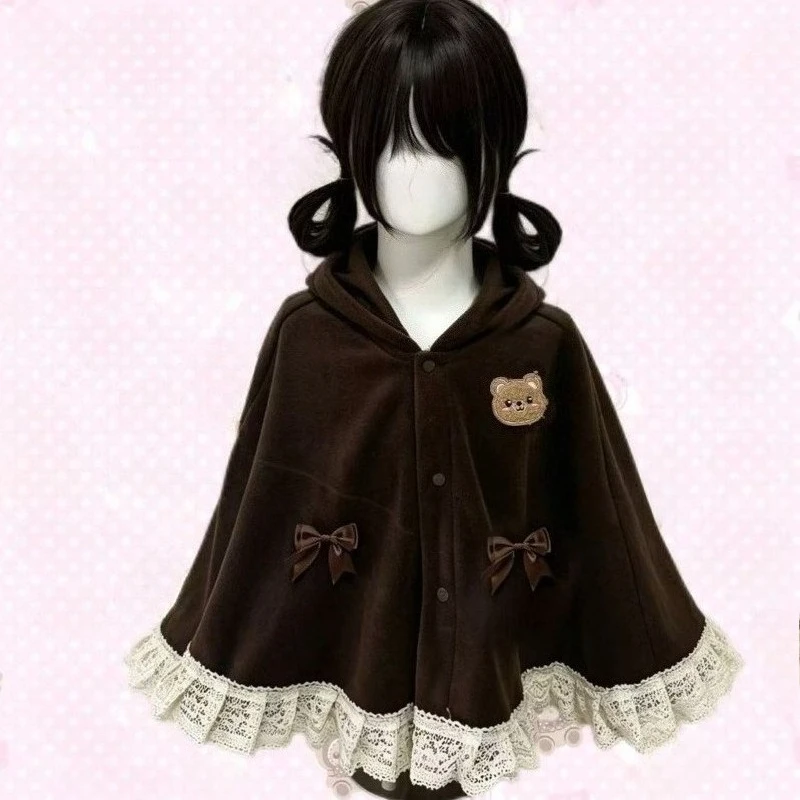 Japanese Sweet Cute Bear Ear Hooded Cloak Womens Kawaii Cartoon Embroidery Lace Bow Cardigan Coats Harajuku Y2k Casual Capes Top