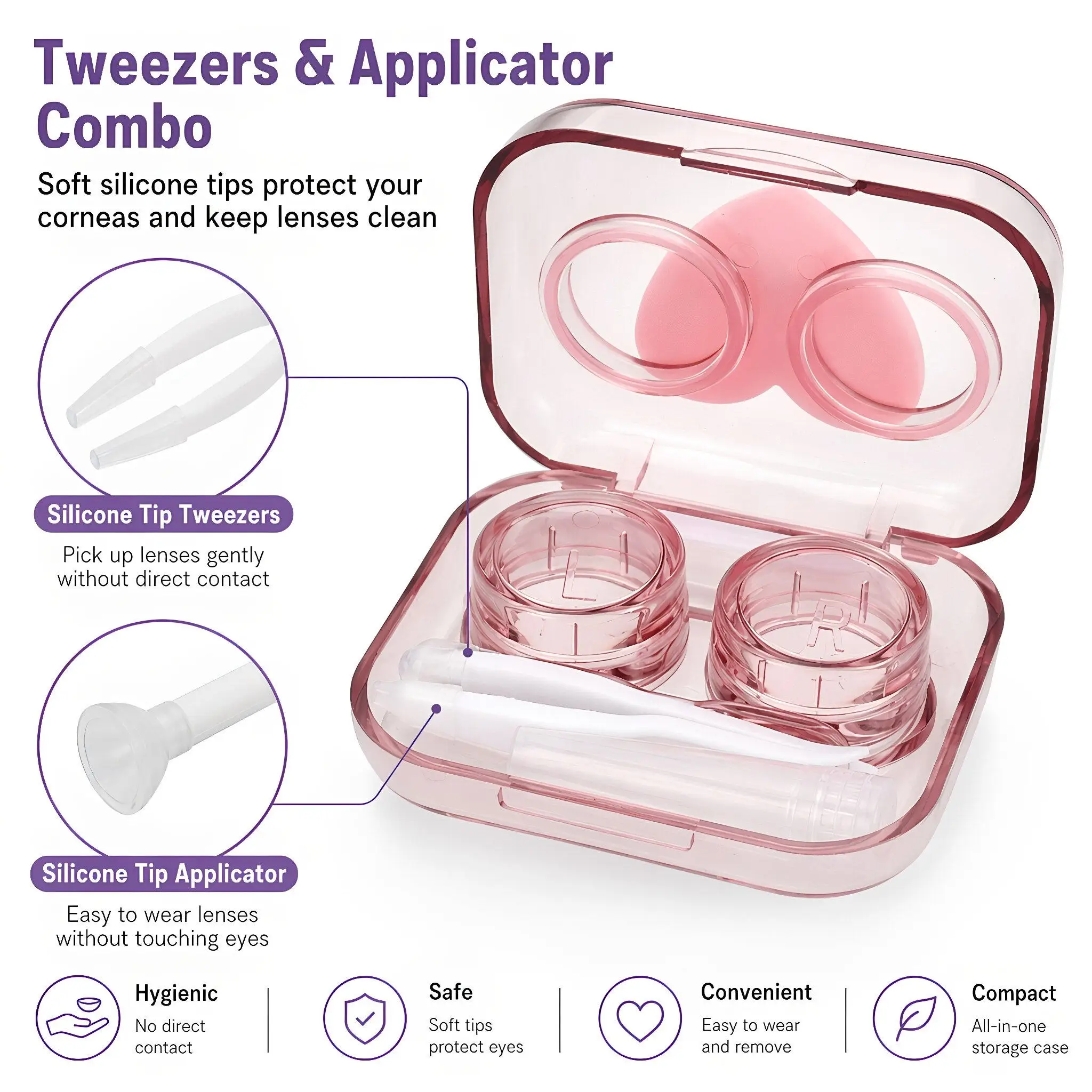 4Sets Contact Lens Case Travel Kit Portable Cute Heart Shape Leakproof Flip Top Organizer Contacts Remover Tool Applicator