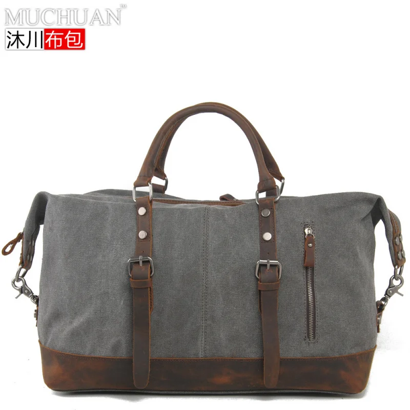 Vintage Extra-Large Capacity Men's Travel Bag, Popular in Europe and America, Canvas Luggage Bag with Top-Layer Cowhide Crossbod view 6