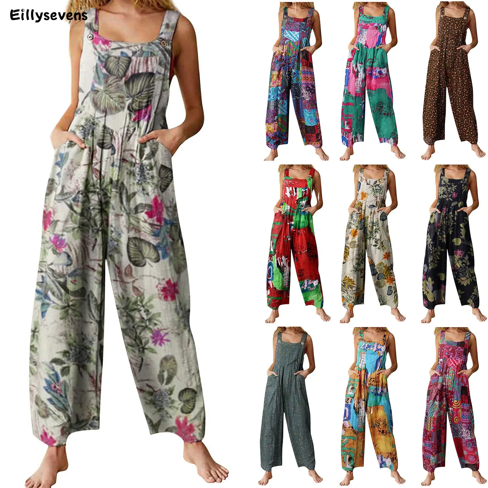 Women’s Jumpsuit Casual Sleeveless Loose Wide Leg Jumpsuit Plus Size Suspender Long Baggy Pants Rompers Overalls With Pockets