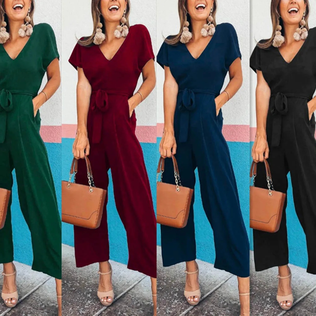 Frauen V-ausschnitt Overall Kurzarm Einfarbig Sommer Overall-spielanzug