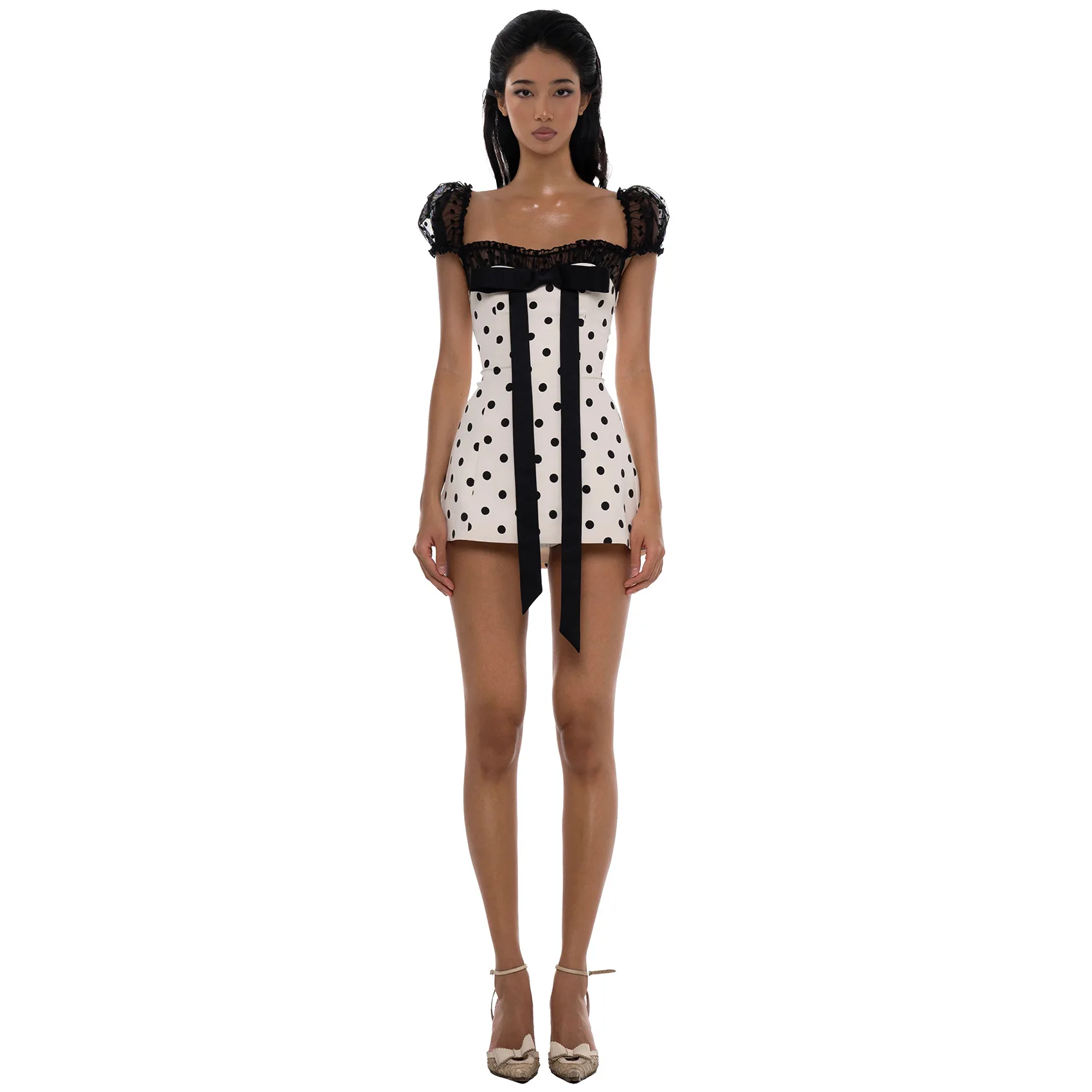 

Women A-line Slimming Bodycon Y2k Summer Dresses Vestidos Street Women Sweet Retro Polka Dot Knot Puff Sleeve Mini Dress