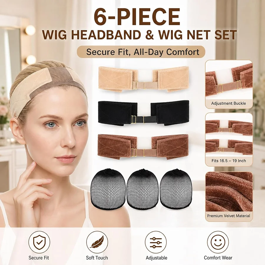 6PCS Wig Grip Band Set, Non-Slip Velvet Wig Grip for Secure Daily Wear, Adjustable Wig Band for Lace Front Wigs, Stainless