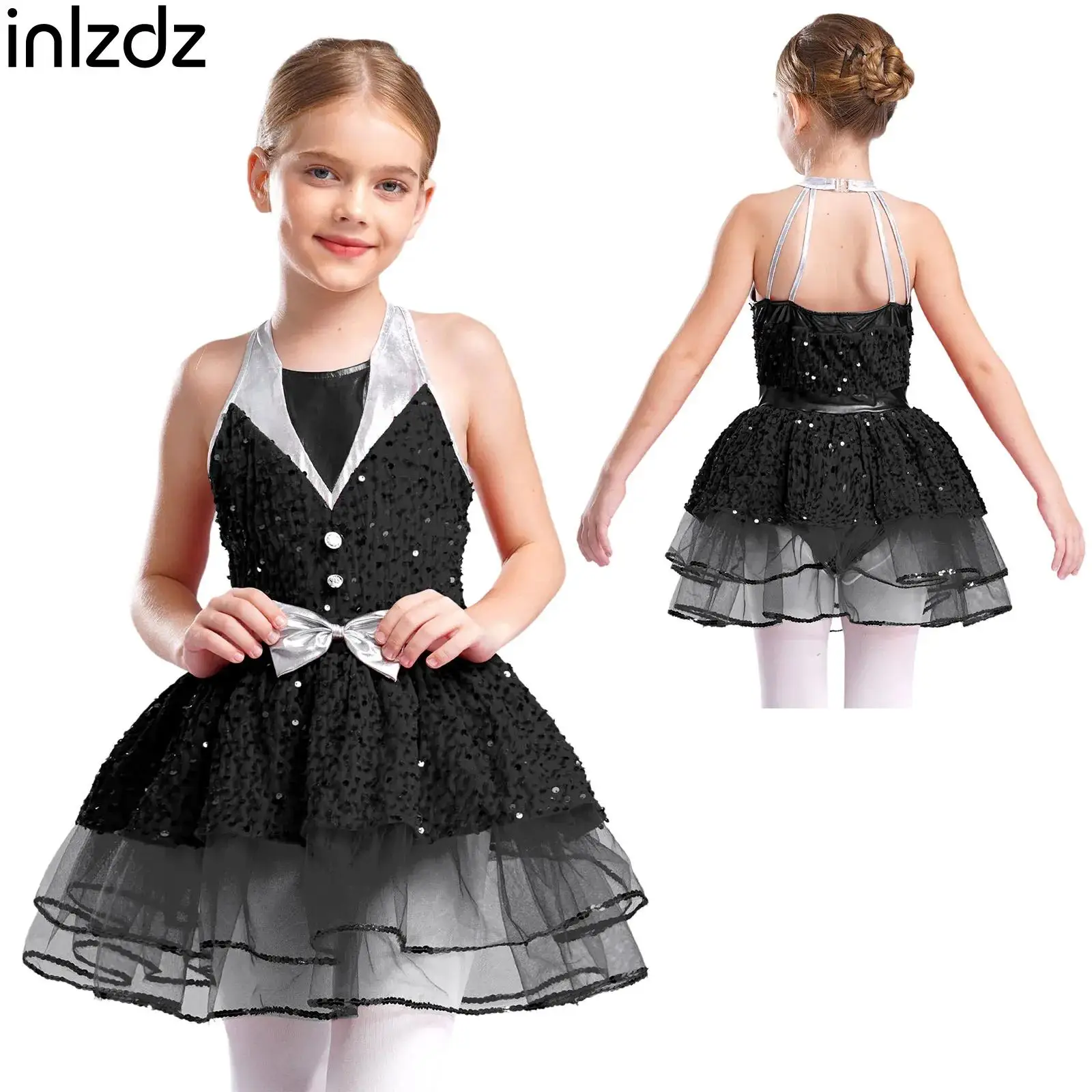 Kids Girls Dance Performance Costume Shaggy Party Dress Halter Sleeveless Backless Glittery Sequins Velvet Tutu Dress Tutu Skirt