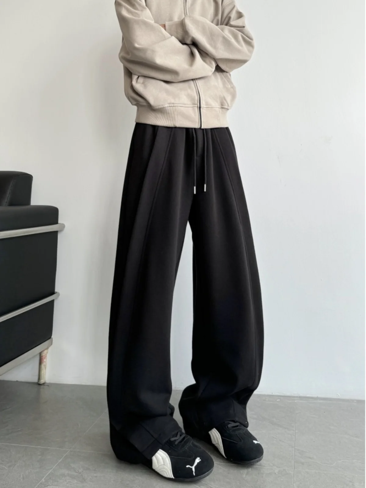 American Sle Pantaloni sportivi casual con giunture pesanti Design ampio a gamba larga da uomo Primavera Autunno Tubo dritto bianco