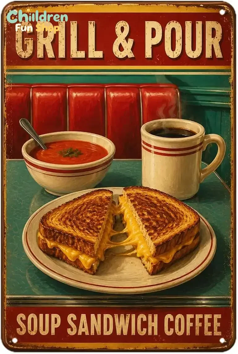 Grill and Pour Soup Sandwich Coffee Sign Vintage Retro Diner Cafe Food Drink Metal Tin Sign Wall Decor for Home Kitchen Bedro
