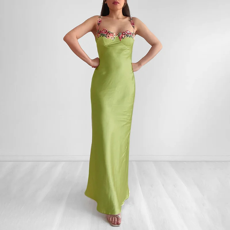 InsLucky Sexy Strapless Flowers Patchwork Maxi Dress Women Travel Beach Style Clothing Sleeveless Slim Bodycon Elegant Partywear