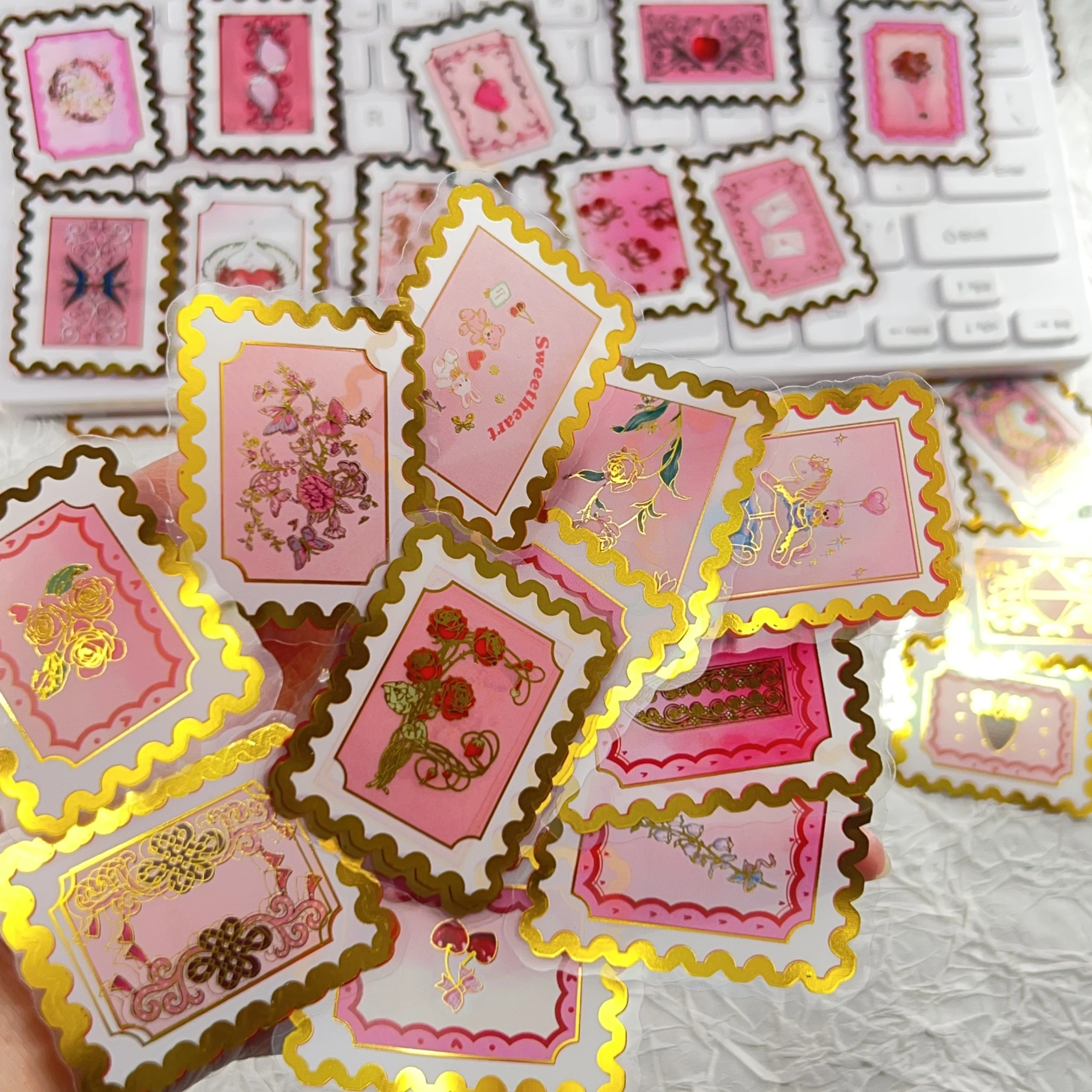 50PCS Retro Love Stamp Stickers Love Themed Gold Foil Decal Valentine's Day Hot Foil Sticker DIY Laptop Scrapbooking Decorative